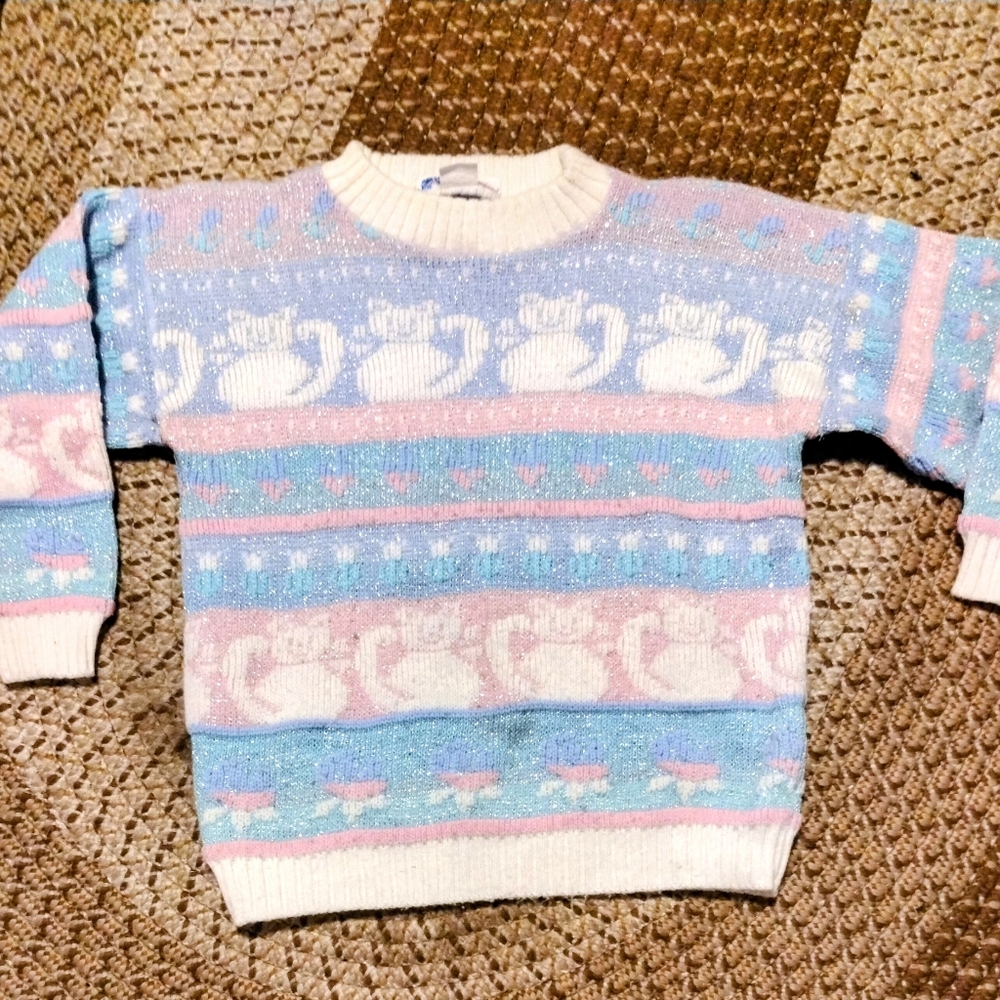 ROSE Sparkly Pastel Kitten Sweater VINTAGE